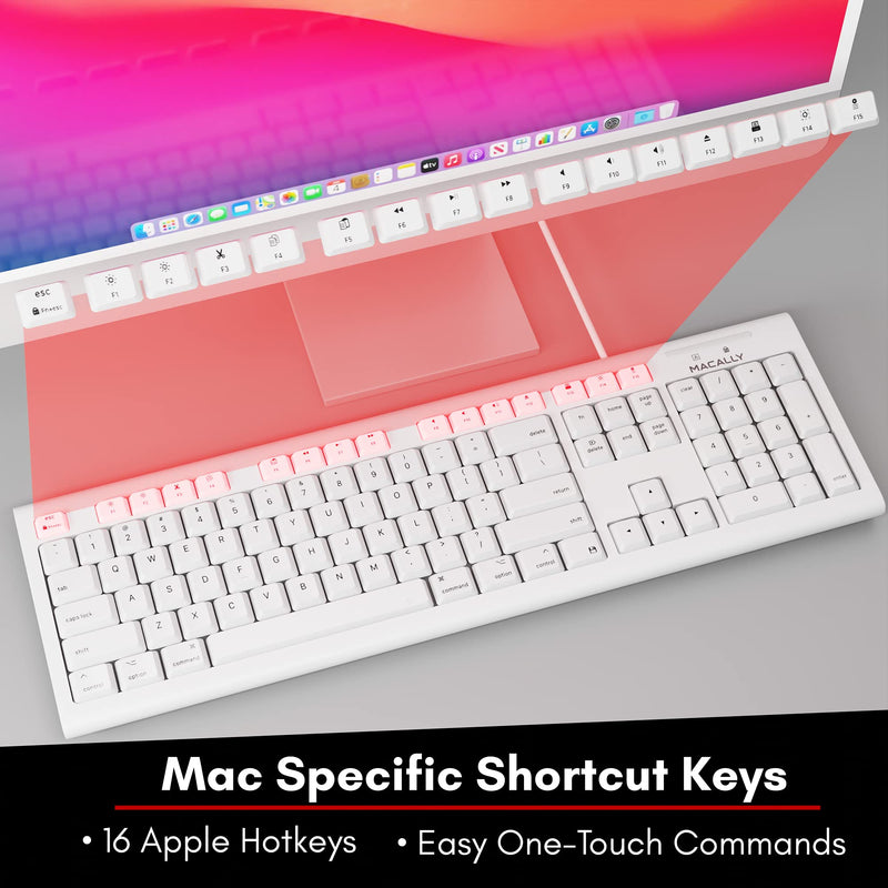 Macally Full-Size USB Wired Keyboard for Mac Mini/Pro, iMac Desktop Computer, MacBook Pro/Air Desktop w/ 16 Compatible Apple Shortcuts, Extended with Number Keypad, Rubber Domed Keycaps - Spill Proof white