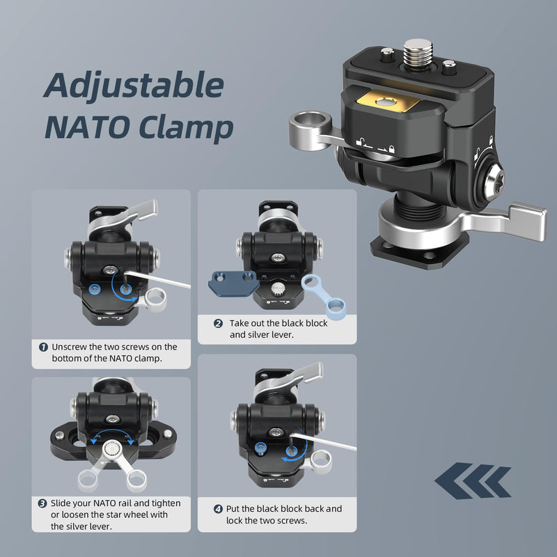 [AUSTRALIA] - Nitze Quick Release Camera Monitor Mount (NATO Rail with 1/4” Screw and Retractable Pins to Cold Shoe), Field Monitor Mount with Adjustable NATO Clamp, 170° Tilt and 360° Pan - N54-S1 