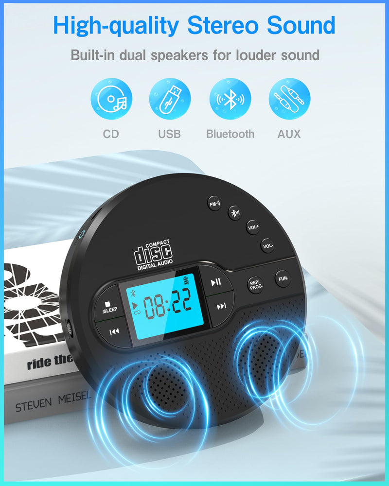 Portable CD Player with Bluetooth, Walkman CD Player with FM Transmitter and Speakers for Car, Rechargeable Discman CD Player with Anti-Skip Protection, Headphones, LCD Display (Black)