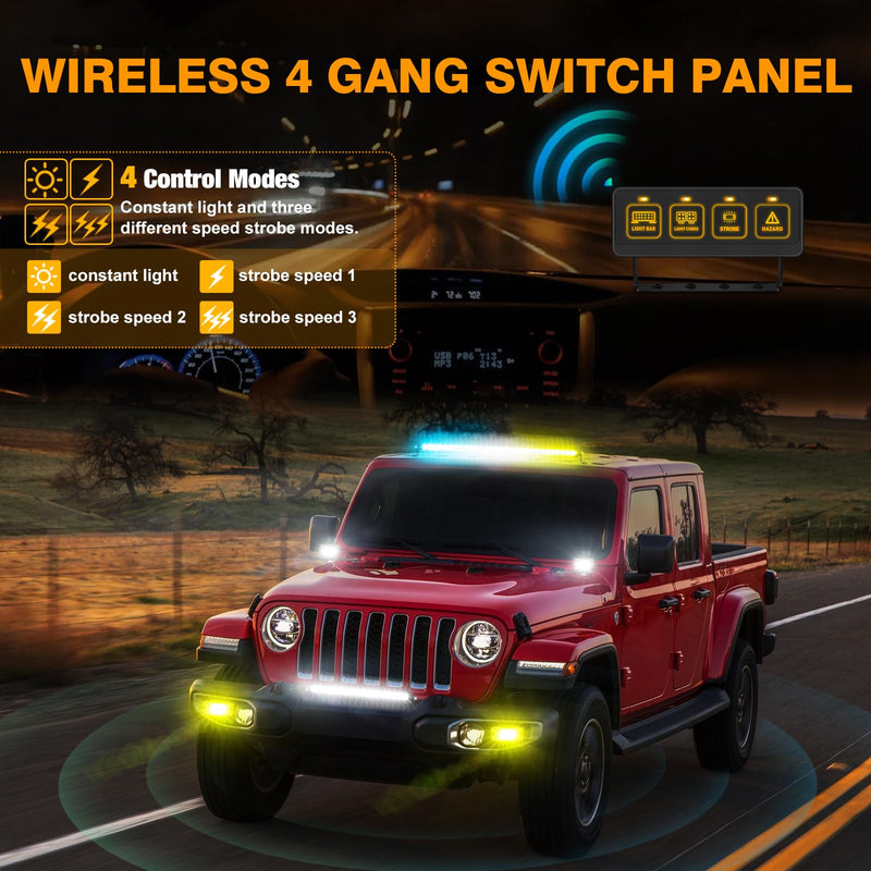 Wireless 4 Gang Switch Panel, Muto-Beam Multifunction Remote Control Switch Panel Auxiliary Universal Circuit Control Box with 4 Modes Strobe Memory Relay System for Truck SXS UTV ATV Car RV Boat wireless 4 gang