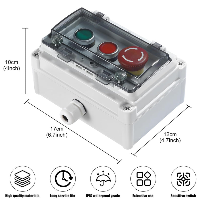 [AUSTRALIA] - Push Button Station IP67 Outdoor Waterproof Button Switch Box Emergency Stop Button Switch and Instantaneous Button Switch (Green and Red) with Protective Cover Anti-Misoperation Switch 