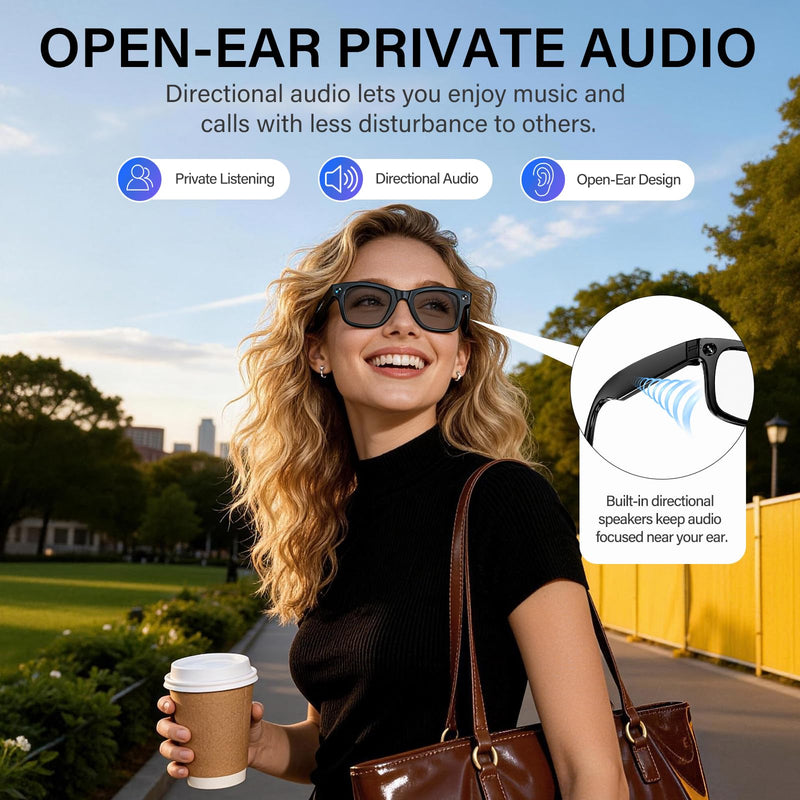 AI Smart Glasses with Camera, 13MP HD Capture, 4K EIS Video, Photochromic | Object Recognition, Real-Time Translation, AI Assistant, Dual Open-Ear Speakers, Bluetooth, IP66 Water Resistance, Sunglasses Black Glasses Pouch Included