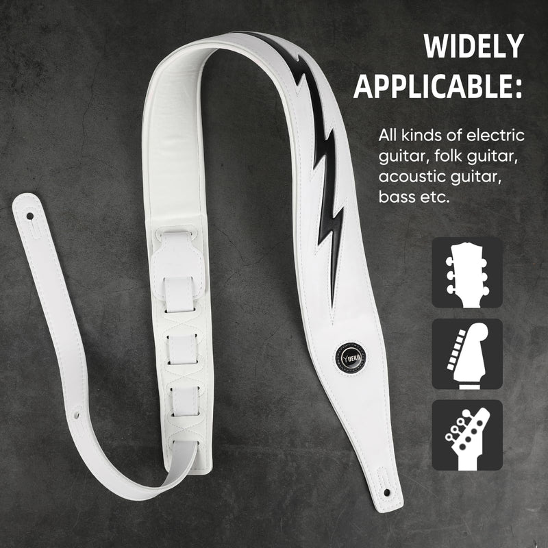 [AUSTRALIA] - Guitar Strap PU Leather, Anti-Slip, Classic, Adjustable Soft Leather Strap for Acoustic, Electric and Bass Guitars (White - Black lightning) 