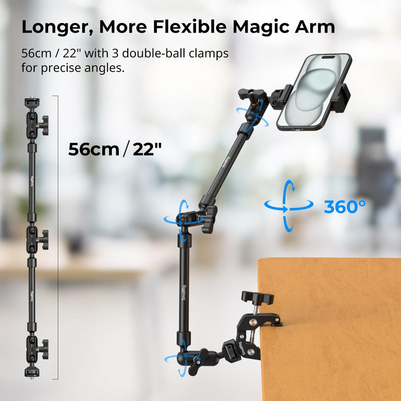 [AUSTRALIA] - SMALLRIG 22" Magic Arm Clamp, Overhead Phone Mount Holder Stand, Flexible Desk Camera Mount, Articulating Friction Boom Arm, for POV Shot, Filming, Light, Webcam, Action Camera Double Ball Joints 