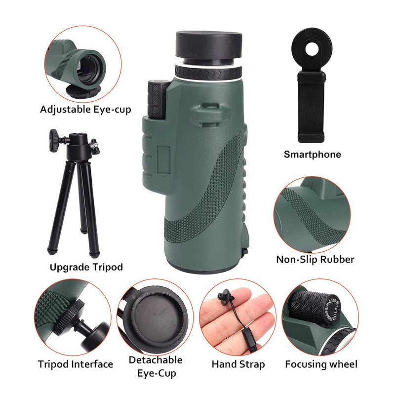 1set 80X100 Power Single Barrel Birdwatching Telescope High Definition Adults High Powered with Smartphone Adapter,15.3 * 7 Cm (Green) Green