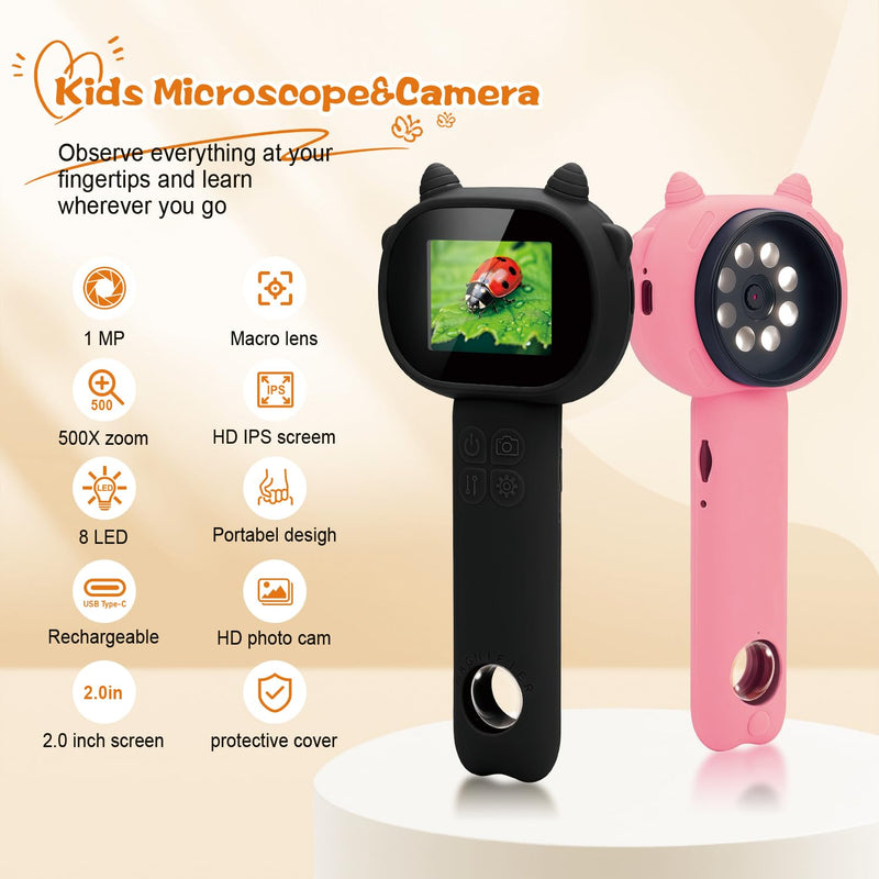 [AUSTRALIA] - Microscope for Kids 500x Magnification,4X Zoom Mini Pocket Handheld Microscope with 2.0" Screen for Toddlers-STEM Educational Science Kit Toddler for Boys Girls Aged 3-12(Black) Black 