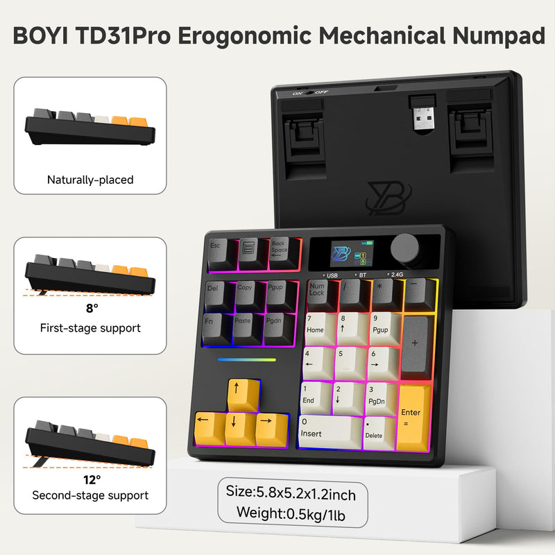 BOYI TD31Pro Mechanical Numpad,Mini Keyboard with Screen&Knob,Bluetooth5.0/2.4G/Type-C Wireless Numeric Keypad,Gasket HotSwap RGB Number Pad,PBT Keycaps Rechargeable Number keypad for PC(Black-Grey) Black-Grey