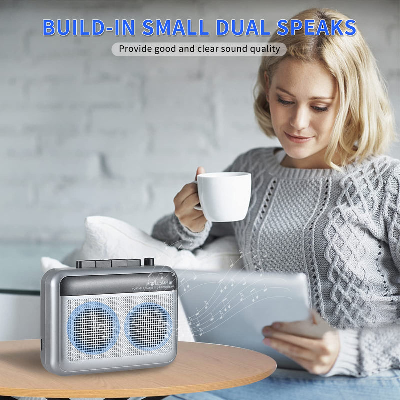 Portable Cassette Player Recorder with Bluetooth Transmitter, Walkman Cassette Tape Player with Headphone Jack, Build-in Speaker, Microphone Jack, Powered by AC Adapter or AA Battery Sliver