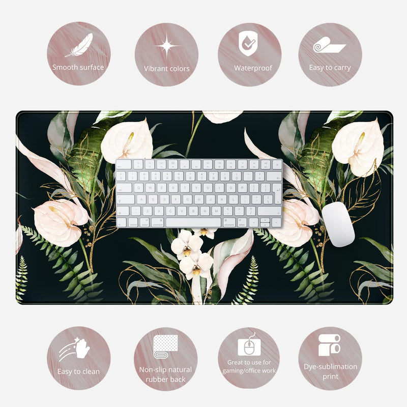 Desk Mat Black and Gold White Rose Flowers Decor Large Keyboard Mouse Pad for Laptop Pc Setup Desk Cover Protector Desk DéCor for Office Home Work Gaming 31.5" X 15.7" Stitched Edge Non-Slip Design A Blue black