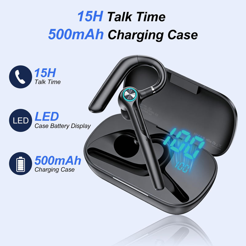 [AUSTRALIA] - ONE LIFE Bluetooth Headset with Microphone, Bluetooth Earpiece for Work, Wireless Headset with Mic, 15H Talk Time, 500mAh Charging Case, Bluetooth 5.3, LED Display for Office, Laptop, Phone, Driving Black 