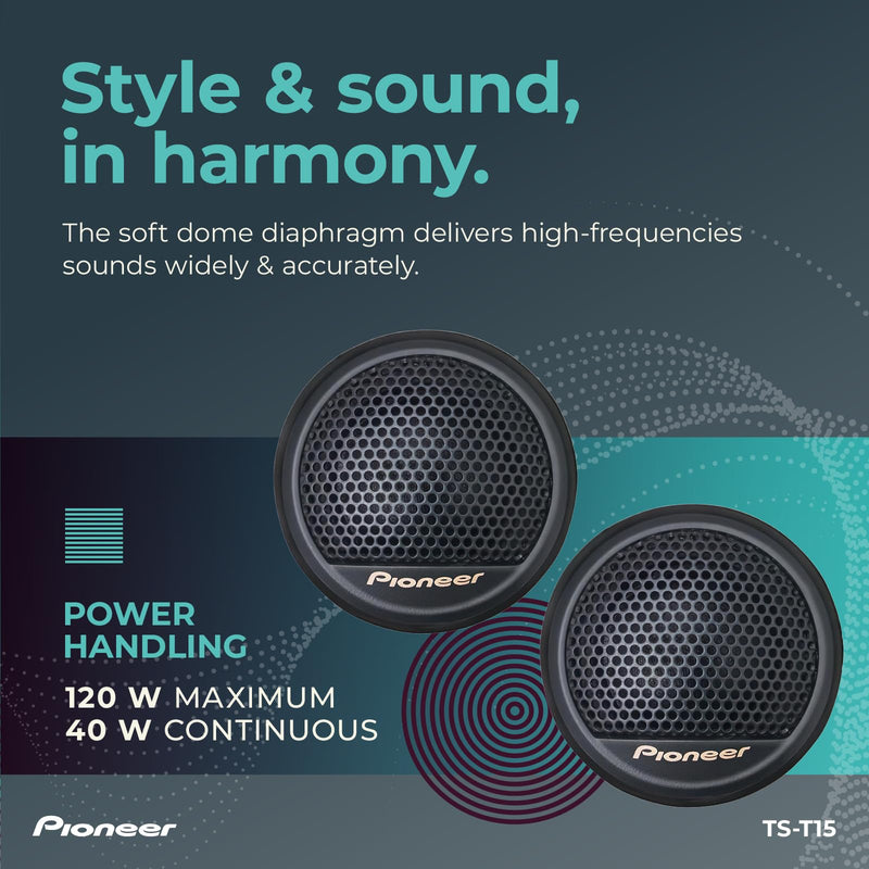 Pioneer TS-T15 3/4" Soft Dome Component Tweeters 100W Max | Warm & Natural High-Frequency Detail, Easy Add-On for Clarity 3/4"