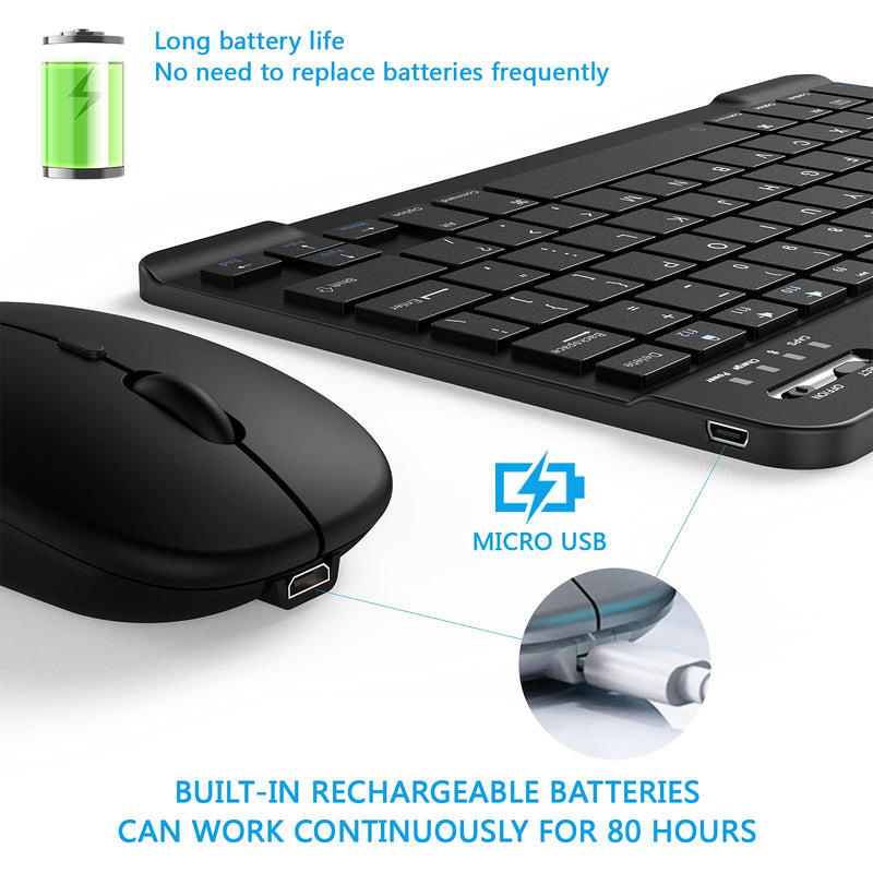 Small Bluetooth Keyboard and Mouse Combo Protable Rechargeable External Cordless Wireless Keyboard for Android Tablet Cell Phone Surface Samsung Smartphone iPhone iPad Mini Pro Air MacBook (Black) Black
