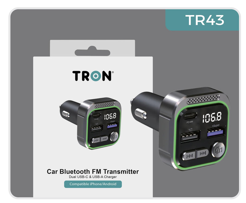 TRON Bluetooth 5.3 FM Transmitter Car Adapter 48W (PD30W +18W USB) Fast Charger, with Mic, Light Switch, HiFi Bass Sound, Audio Receiver Wireless Radio MP3, Hands-Free Calling, Support USB Drive, TR43