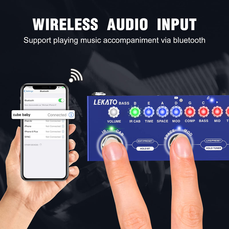 LEKATO Bass Multi Effects Pedal, Guiter Peda with IR Loading 9 AMP Models, Delay Reverb Chorus, Multi Effects Processor for Bass, Bluetooth 5.0,Recording, Built-in Battery For Bass Guitar