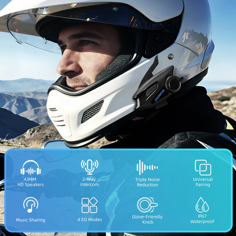 Motorcycle Helmet Bluetooth Headset, 43mm Helmet Speakers, Black, 1 Pack | 2-Way Helmet Intercom,1000m Intercom Communication,Triple Noise Reduction,Music Sharing,FM,Voice Assistant, IP67 Waterproof