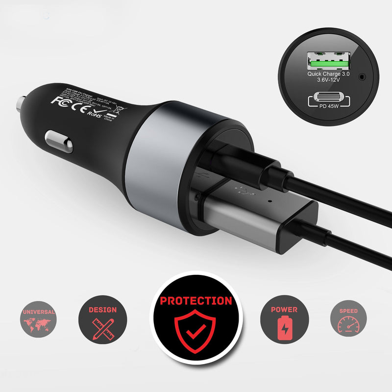 LinkOn 63W USB C Car Charger PPS&PD 3.0(45W) + QC 3.0(18W) Dual Port – Fast Car Charger Compatible with Laptop, Phone & Tablet – MacBook, Dell XPS, HP Spectre, iPad, iPhone, Samsung, Google Pixel Grey-63W