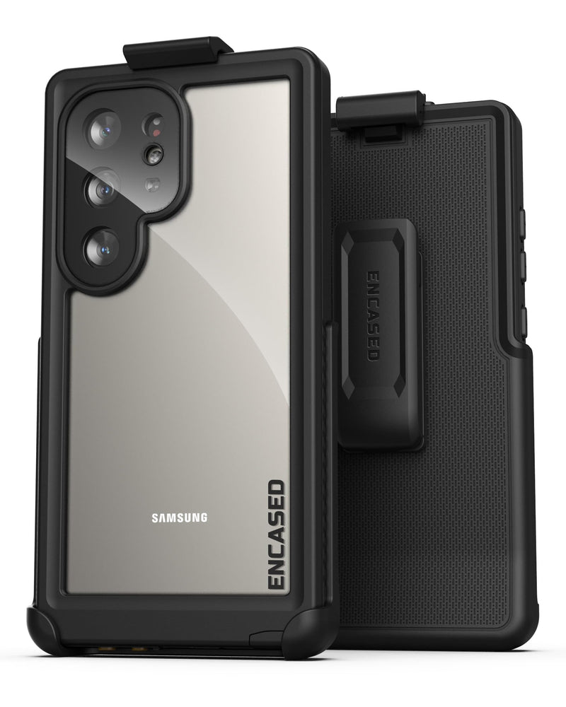 Encased Waterproof Belt Case Designed for Samsung Galaxy S24 Ultra - Full Body Protective Case with Screen Protector Built-in with Holster Clip (Clear/Black)