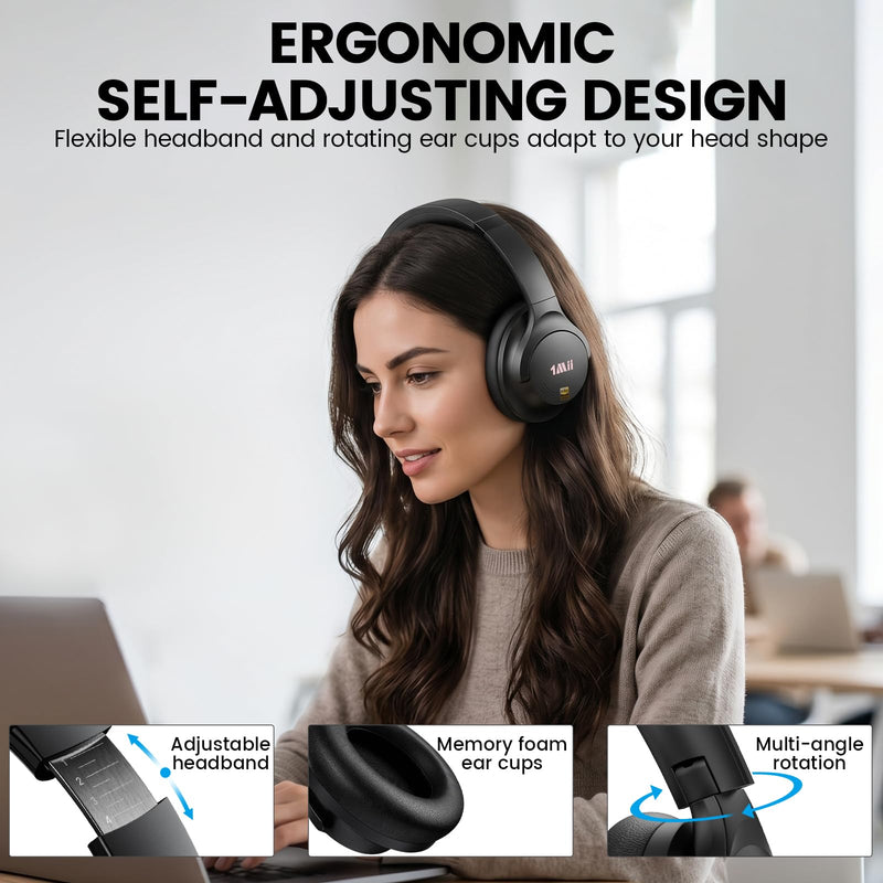 1Mii Y8 Active Noise Cancelling Headphones, Bluetooth 6.0 Headphones Wireless Over Ear, Hi-Res 75H Playtime, Volume Control, AI Voice Chat, Custom EQ via APP Comfort for Airplane & Home Office - Black