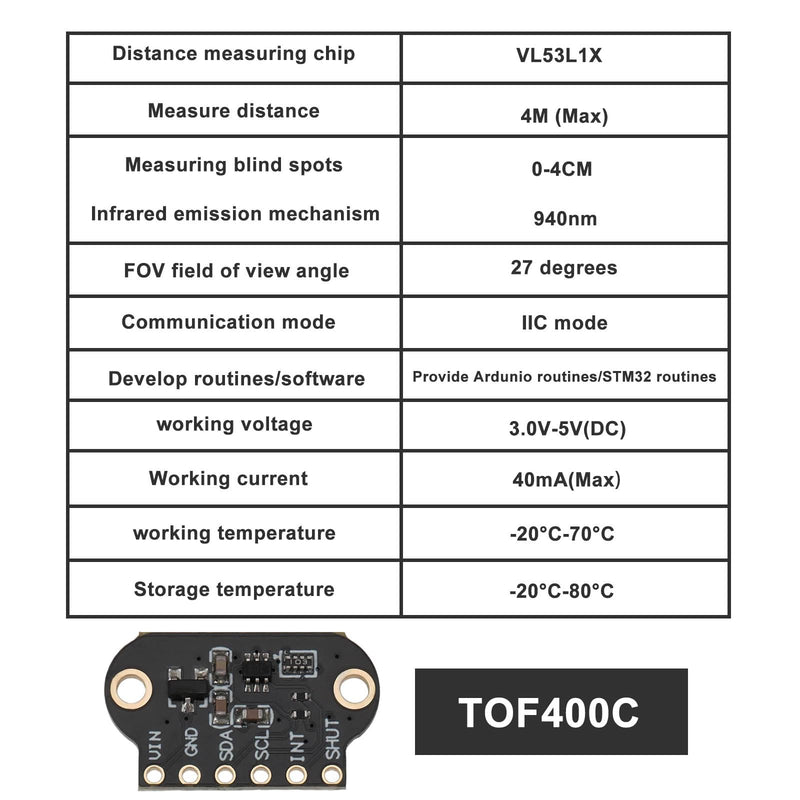Create idea 1Set Time of Flight TOF400C (4M) Laser Ranging Sensor Module Compatible with ArduinoDEMO Compatible with STM32 Demo (40mA,25°)