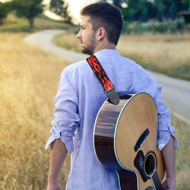 Vaguelly Guitar Strap, Red Flame Jacquard Guitar Strap with Leather End, Adjustable Length, for Guitar As Shown01