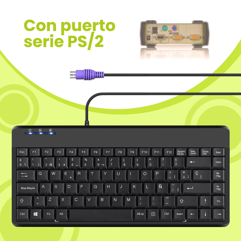 Perixx PERIBOARD-409P ES Mini Teclado con PS2 Cable - 314x146x20mm - Negro - QWERTY Español