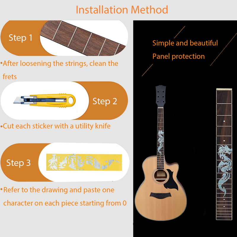 Guitar Neck Fretboard Sticker, Fret Inlay Decal for Ukulele, Music Guitar, Bass, Acoustic Guitar, Electric Guitar, Silver Thin (Dragon)
