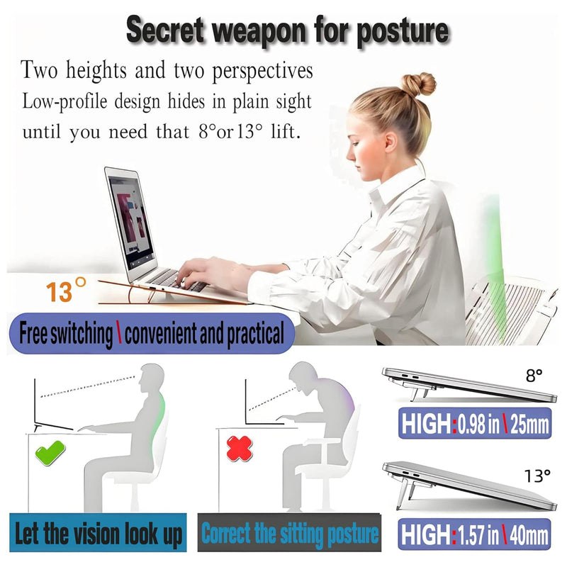 Adjustable Laptop Stand Foldable Portable Heat Sink Design Raised Base Angle Elevation Compact for Office Travel Home Desk, Silvery