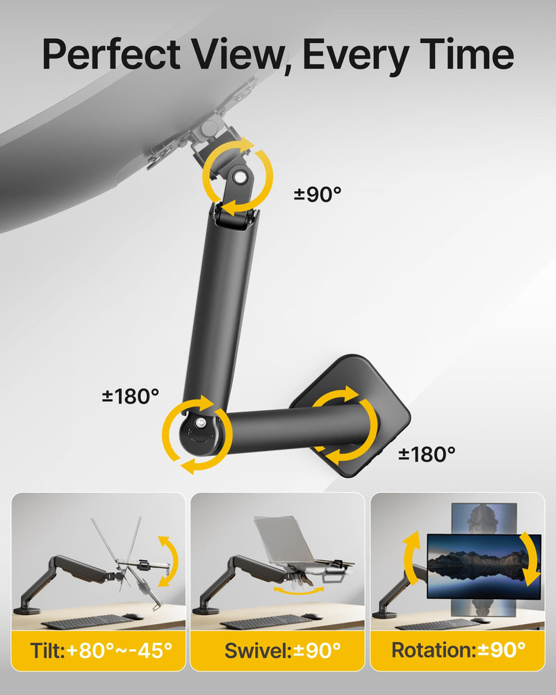 monTEK 2-in-1 Laptop & Monitor Desk Mount, Fits 12–18"Laptops & 32" Screens | 2-in-1 Desk Mount with Removable Vented Laptop Tray, Full Motion Arm with Clamp/Grommet Base, 75/100 VESA Mount Single Arm
