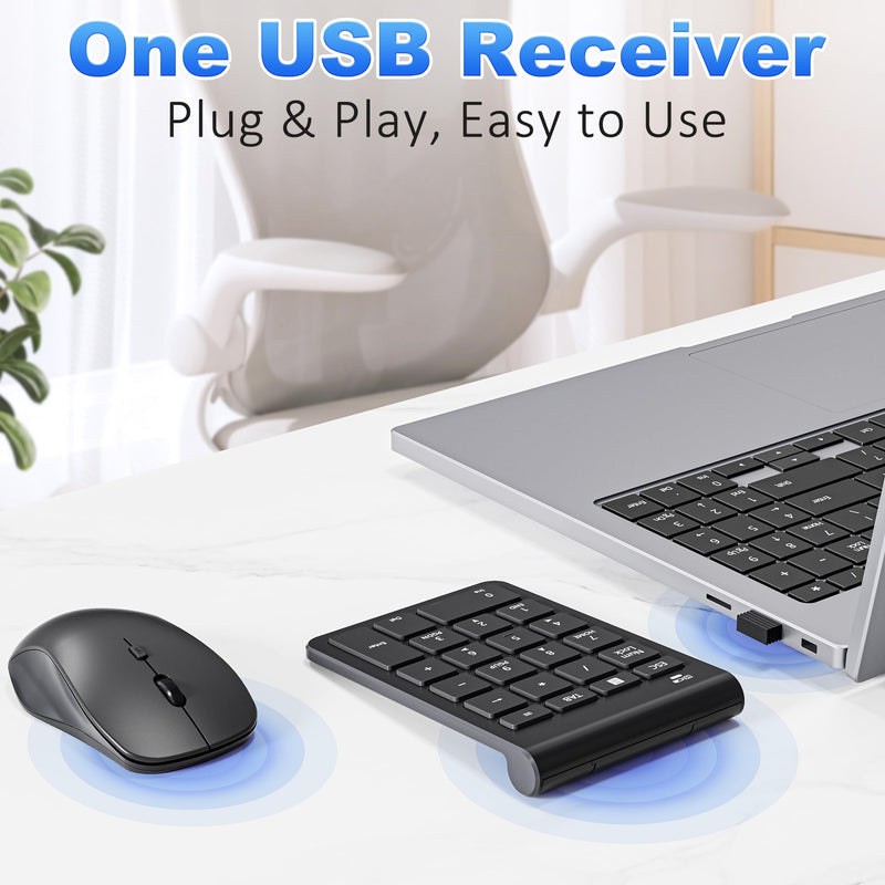 Wireless Number Pad and Mouse, 22 Keys USB Keypad and 3 Adjustable DPI Silent Mouse Set, 2.4GHz Numeric Pad for Laptop, Notebook, PC Computer, Desktop, Mac - One USB Receiver