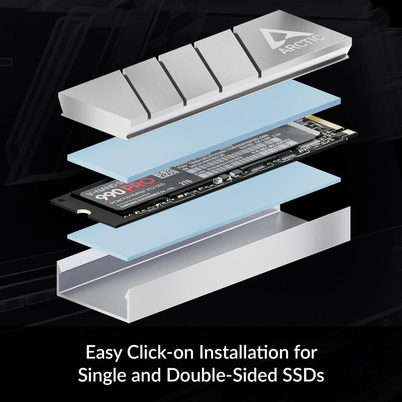 ARCTIC M2 Pro - Heatsink Cooler for M.2 2280 SSD, with ARCTIC TP-3 Thermal Pads, Compatible with PC & Gaming Consoles, for Dual and Single-Sided SSDs - Silver