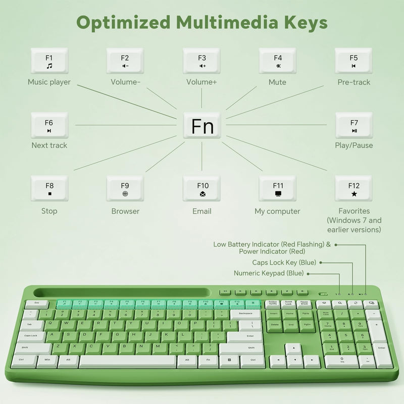 Green Wireless Keyboard and Mouse Combo with Phone Holder, 2.4G Quiet Keys | Silent Keyboard, 3-Level DPI Quiet Mouse, 12 Hotkeys, Full Size, Ergonomic for Office/Home/Work, For Windows PC Laptop, WK210 Green