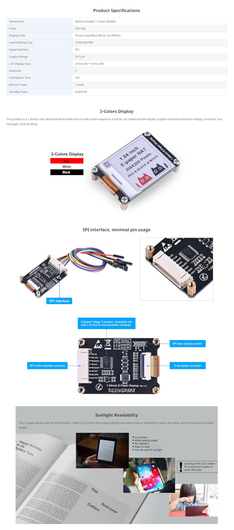 SeenGreat 1.54 Inch E-Ink Display Three Colour E-Paper Screen for Raspberry Pi/Arduino/Jetson Nano/STM32 200 x 200 Pixels Red Black White SPI Interface