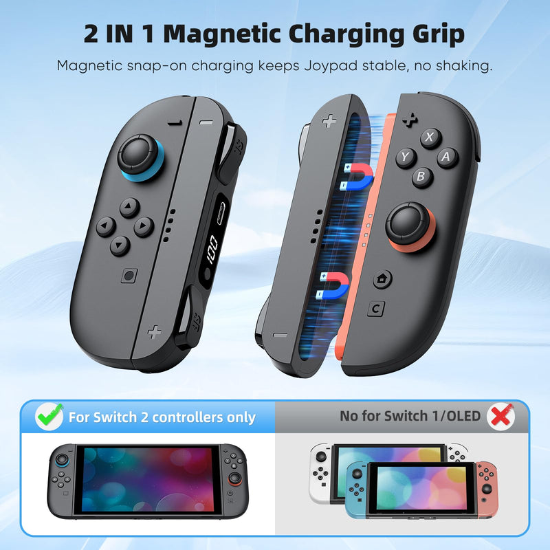 Switch 2 Joypad Charging Grip with Built-in 3700 mWH Battery - 3.5H Fast Charging with LED Display, Enlarged SR/SL Buttons, Charging While Playing (Black & Black) Black & Black