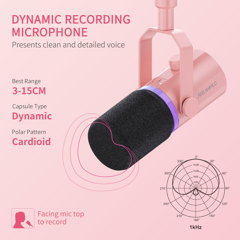 FEELWORLD PM1 XLR USB Dynamic Microphone Gifts for Podcast Recording PC Computer Gaming Live Streaming Vocal Voice-Over, Studio Metal Mic with RGB Light, Mute Button, Headphones Jack (Pink) Pink
