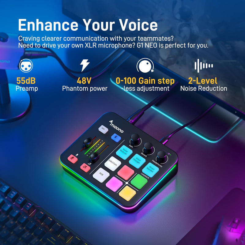 MAONO Gaming Audio Mixer, Audio Interface with Pro-preamp, RGB, Bluetooth, 48V Phantom Power for Live Streaming, Podcasting, Content Create, Gaming MaonoCaster G1 NEO (BLACK) Black