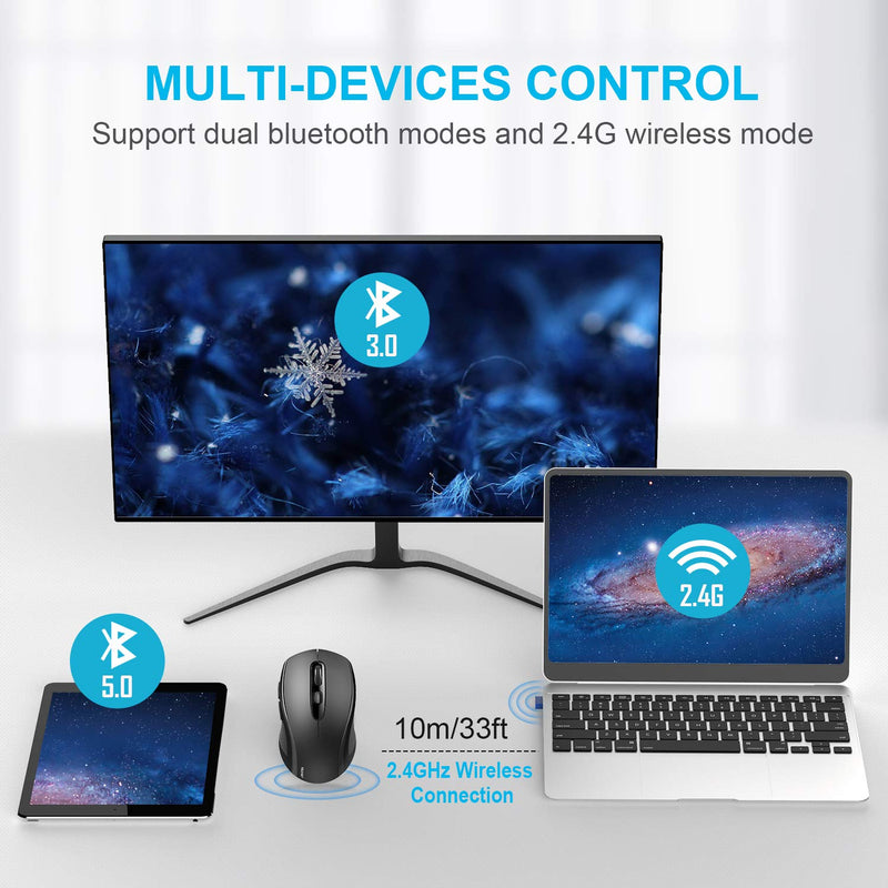 Bluetooth Wireless Mouse, TECKNET 3 Modes Bluetooth 5.0 & 3.0 Mouse 2.4G Wireless Portable Optical Mouse with USB Nano Receiver, 2400 DPI for Laptop, MacBook, PC, Windows, Android, OS System (Black) Black