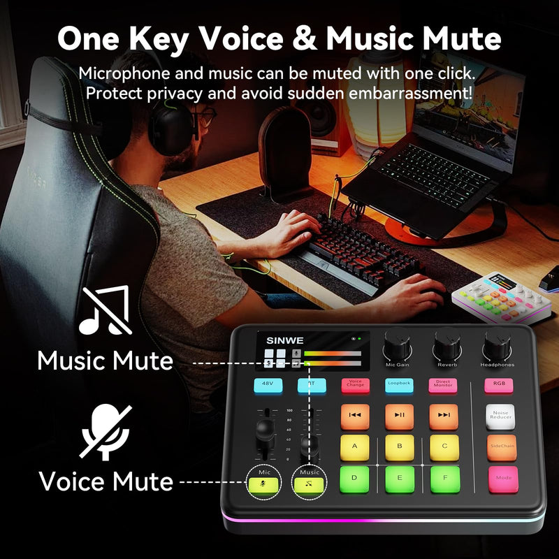 [AUSTRALIA] - SINWE G1 Gaming Audio Mixer, RGB Audio Interface with Pro-preamp,Bluetooth, Streaming PC Mixer with XLR/48V Phantom Power for Live Streaming, Podcasting, Content Create, Gaming(Black) Black 