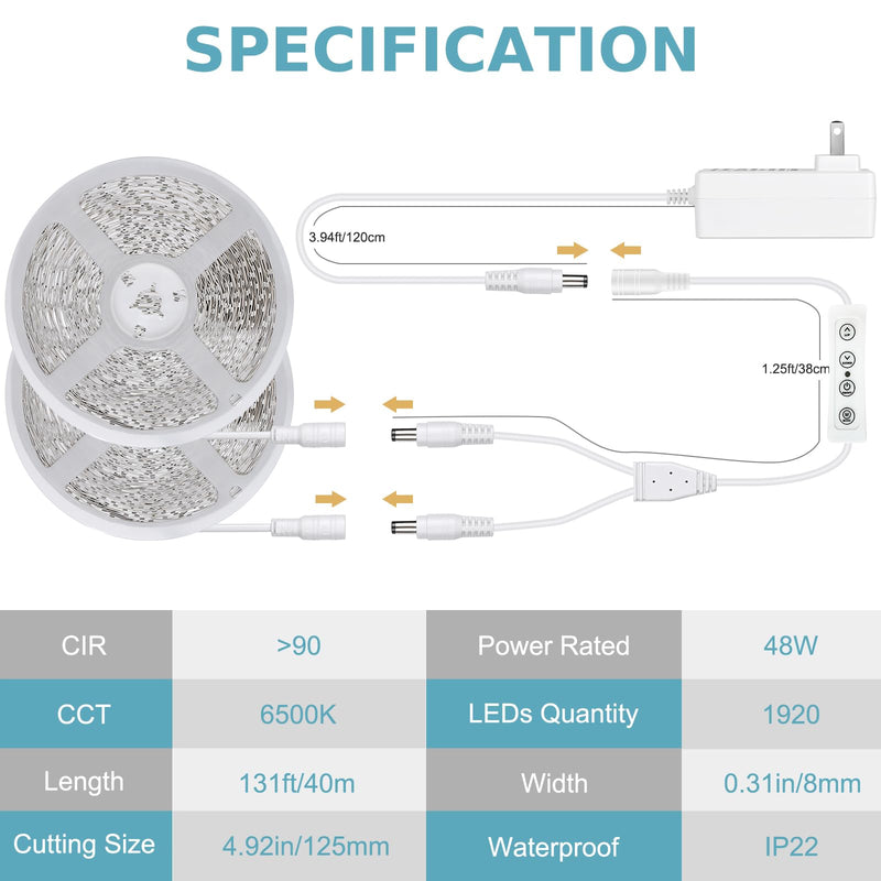 [AUSTRALIA] - Wefomey White LED Strip Lights, 131ft Dimmable 24V LED Lights Strip 6500K Bright Daylight White, Flexible Tape Lights for Bedrooms, Kitchen, Cabinet, Christmas Decor, 2 Rolls of 65.6ft 6500K Daylight White 
