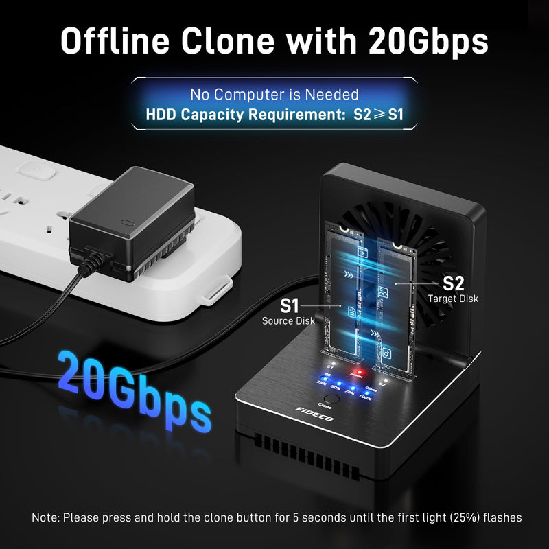FIDECO M.2 NVMe SATA SSD Cloner Dock, USB 3.2 Gen 2 X 2, 20Gbps NVMe Cloner Duplicator with Foldable Cooling Fan, Support Offline Clone, UASP and Trim, Aluminum Design
