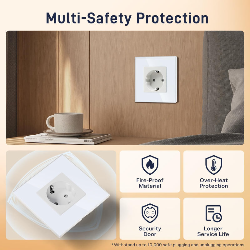 BSEED Schuko Socket, 1-Way Crystal Glass Panel Socket, Flush-Mounted Glass Socket, 16 A Socket, 86 mm, White, Extension Sockets, Wall Socket 1-gang