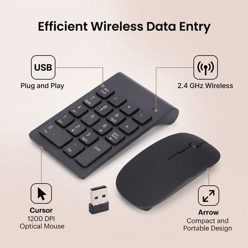 SUNGOOYUE Number Pad, Plug and Play 2.4GHz Wireless Technology 1200 DPI Sensitive Number Pad Mouse Combo for Home Office (Black)