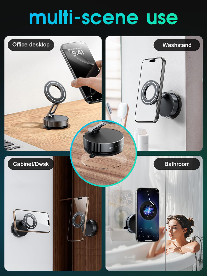 Phone Holders for Your car,Upgraded Vacuum Magnetic Phone Holder Stand for Magsafe,360° Rotatable Zinc Alloy Suction Cup Phone Mount for Car/Gym/Mirror/Shower-Obsidian Black