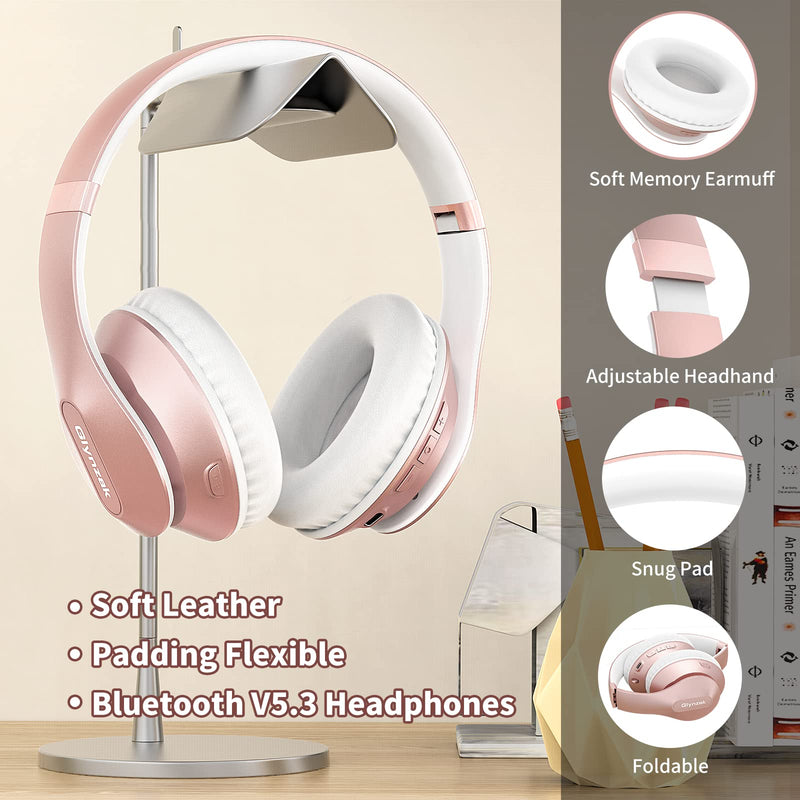 [AUSTRALIA] - Wireless Headphones Over Ear 65H Playtime HiFi Stereo Headset with Microphone and 6EQ Modes Foldable Bluetooth V5.3 Headphones for Travel Smartphone Computer Laptop Rose Gold WH207A 