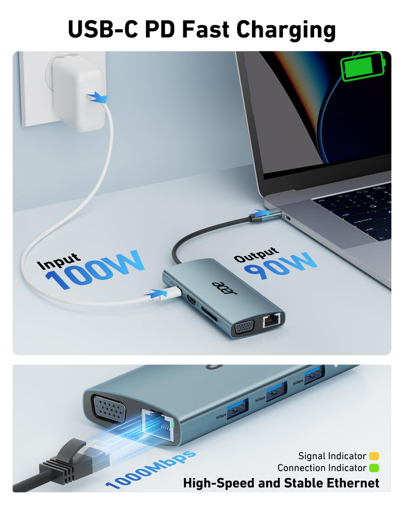 [AUSTRALIA] - Acer USB C Hub with 4k HDMI, 9-in-1 USB C to Ethernet Adapter, 5Gbps USB-A 3.1 Docking Station, PD 100W Charging, SD Card Reader, USB to VGA Splitter for MacBook, Acer, Laptops, Surface and More Space grey 