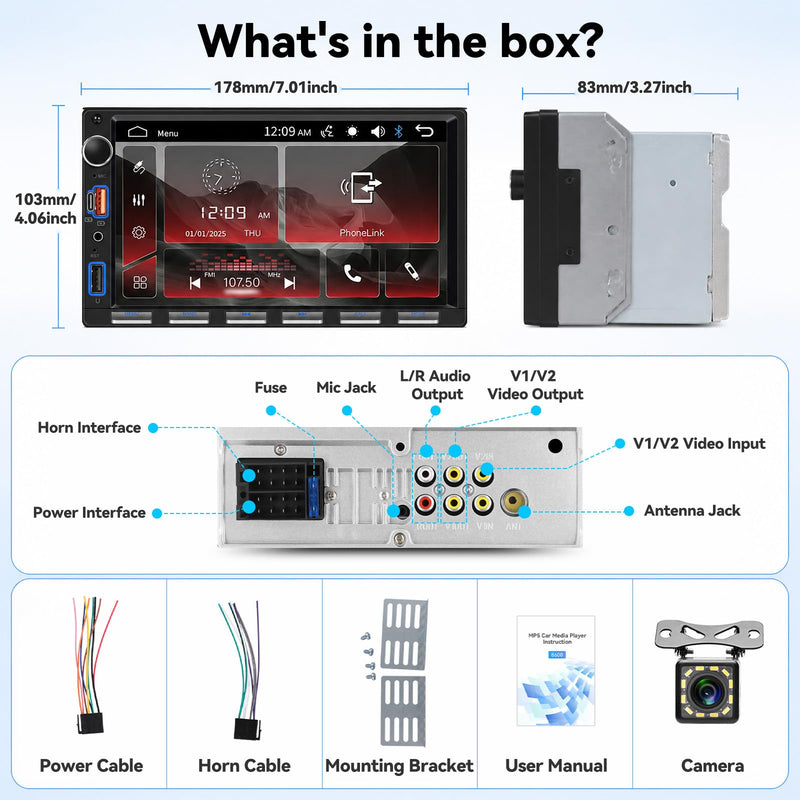 SIXTOP 7 Inch Double Din Car Stereo with Backup Camera Bluetooth 5.0 Hands-Free HD Touch Screen Car Radio MP5 Player Support Mirror Link, FM/Type-C/USB/AUX/SWC Car Audio Receiver P1