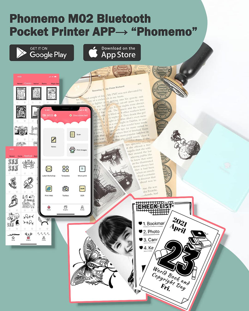 Phomemo Sticker Printer -M02 Mini Thermal Printer Bluetooth Sticker Maker with 3 Rolls Paper, for DIY Creation, Study Notes, Memo, List, Work Plan, Gift, Cyan 1 Printer + 3 Roll Papers