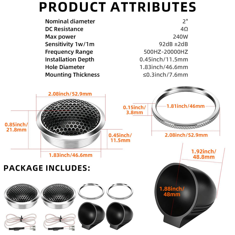 Upgraded 1-Inch Car Tweeters – 240W Neodymium Silk Dome High-Frequency Super Tweeters with Built-in Crossover & Bass Blocker – 4-Ohm, Flush/Surface Mount Kit for Crisp Highs – Easy Instal silvery Silver 01b