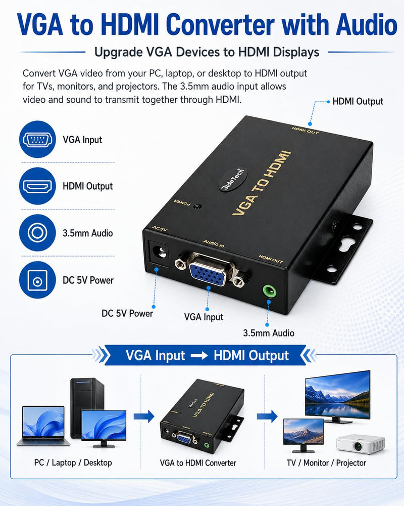 JideTech VGA to HDMI Converter with Audio, One-Way VGA Source to HDMI Display Adapter, 1080P Active Converter, DC 5V Powered, 3.5mm Audio Input, for HDTV, Monitor and Projector