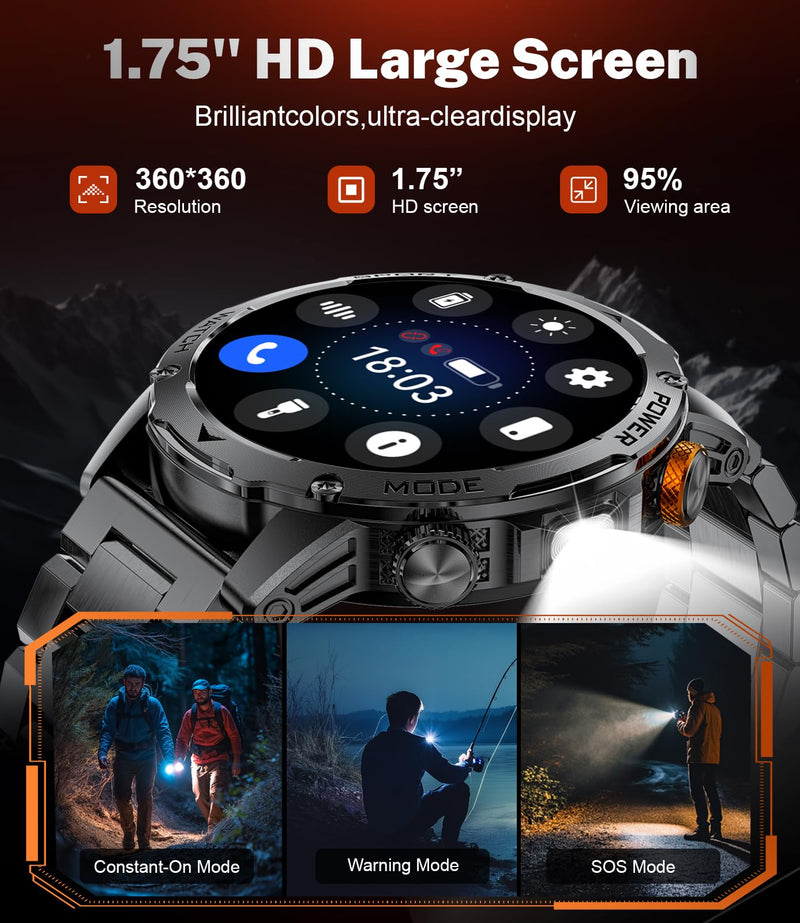 Military Smart Watches for Men(3 Bands),1000mAh/1.75" HD Large Screen Smartwatch, Flashlight/110+ Sports Modes/IP68 Waterproof/Sleep Monitor Fitness Tracker Watch for Android iOS,Gunmetal EF12-G
