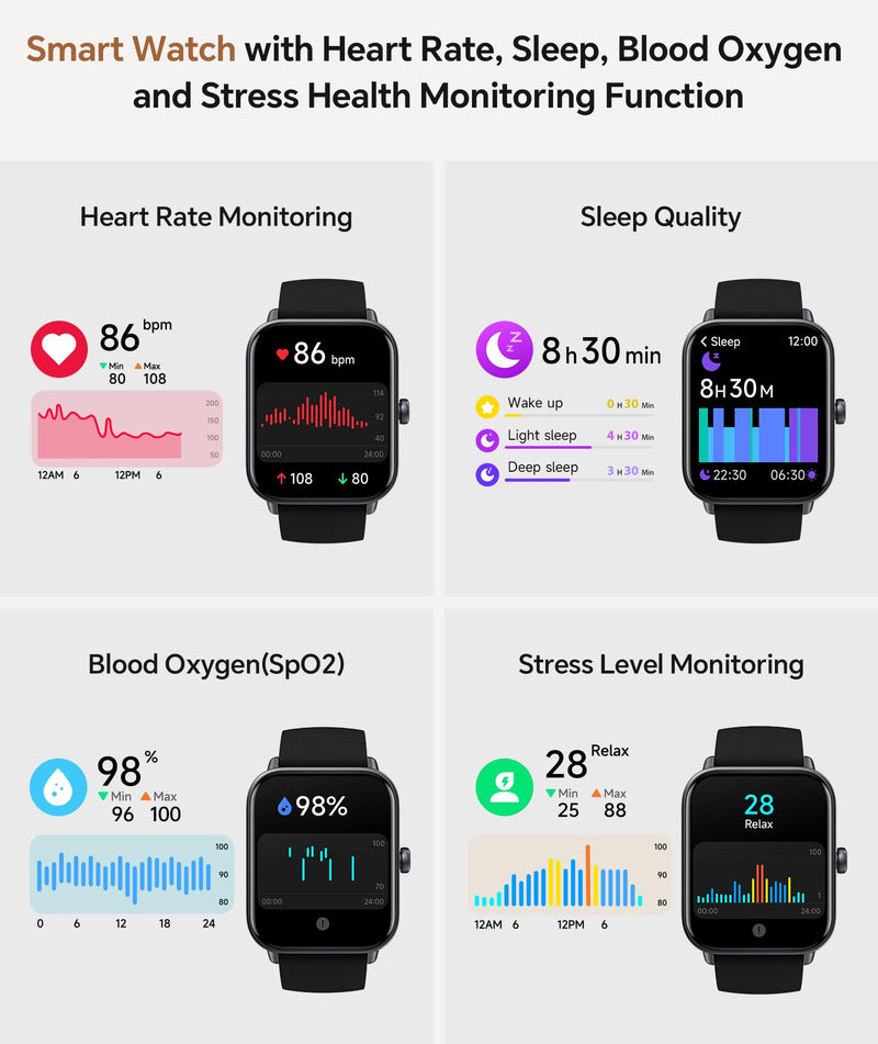 Quican Smart Watches for Women/Men, 2 Bands, Compatible for Android iPhone | 1.8" Fitness Tracker Watches, Alexa Built-in, Waterproof /Bluetooth Calling, Heart Rate/Sleep Monitor, Perfect Smart Gift Black 1.8 Inches